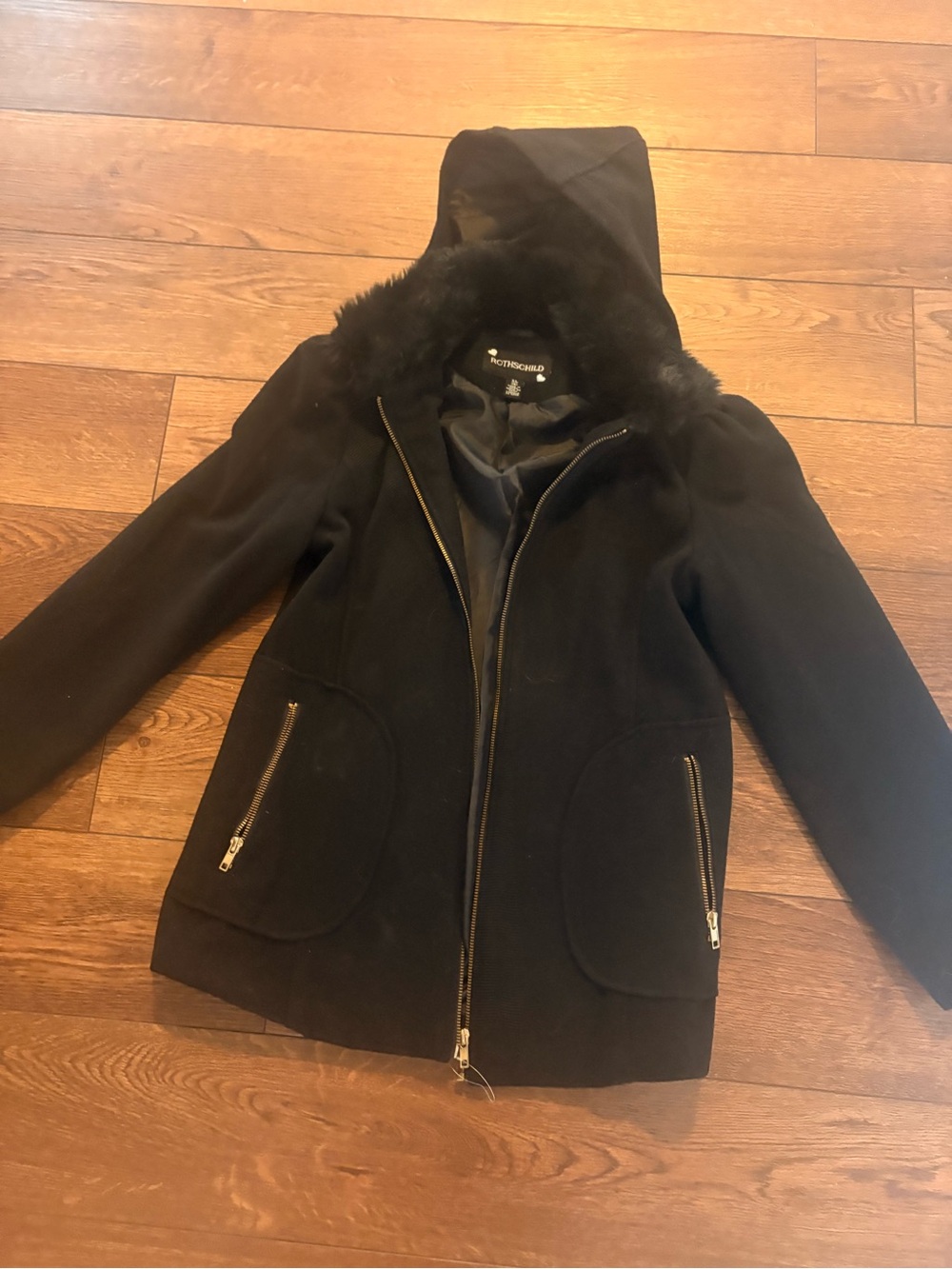 Rothschild Black Hooded Pea Coat with Faux Fur Trim